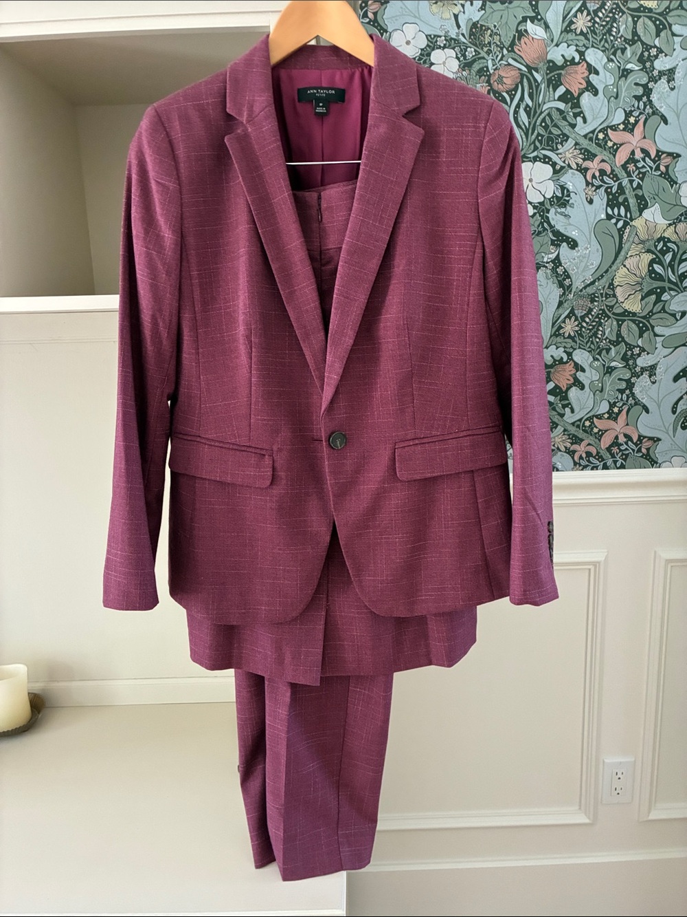 NWT Ann Taylor Plum Windowpane Blazer, size 8P, pants & skirt size 10P